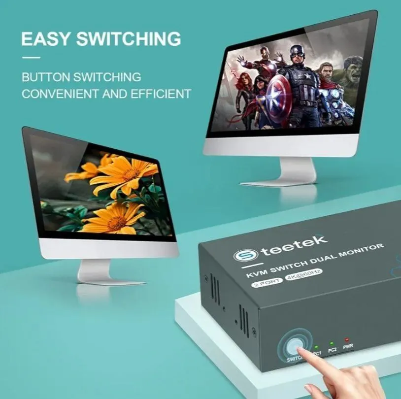 KVM Switch 2 Puertos Dual Monitor 4K@60Hz – HDMI 2.0