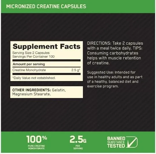 Creatina Micronizada Optimum Nutrition en Cápsulas (200 Cápsulas)