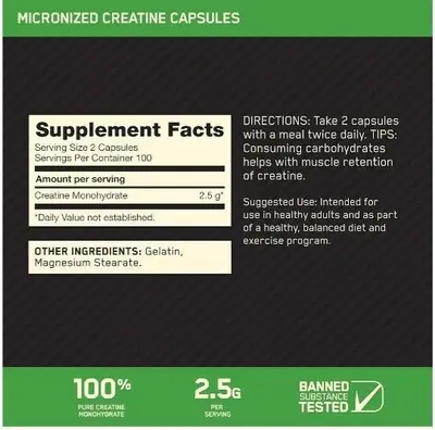 Creatina Micronizada Optimum Nutrition en Cápsulas (200 Cápsulas)