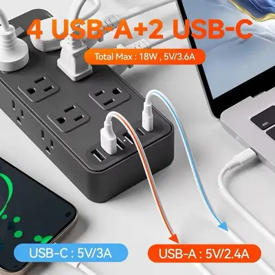 Regleta Multitoma con USB – Cable de 10 Pies