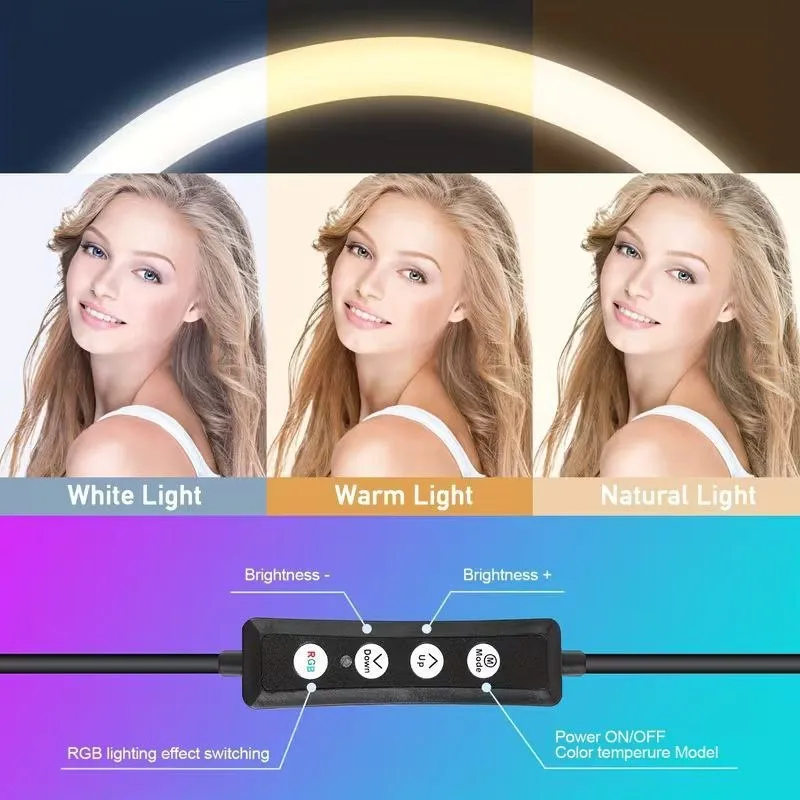 Aro de Luz LED RGB 12” con Trípode 63” y Soporte para Teléfono