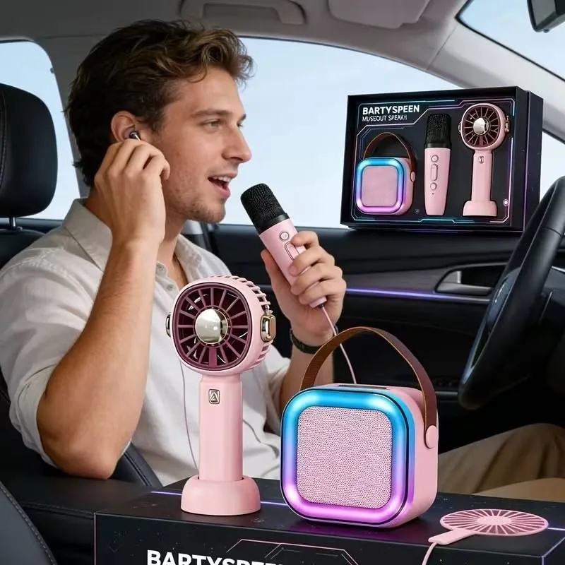 Altavoz Karaoke Portátil con Micrófono y Ventilador de Mano Rosa